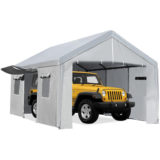 ACONEE Carport 13×20 FT Portable Garage, Heavy Duty Garage Car Port Canopy with Roll-up Doors & Ventilated Windows, Outdoor Boat Shelter Tent Waterproof All-Season Tarp for Pickup Truck, Grey