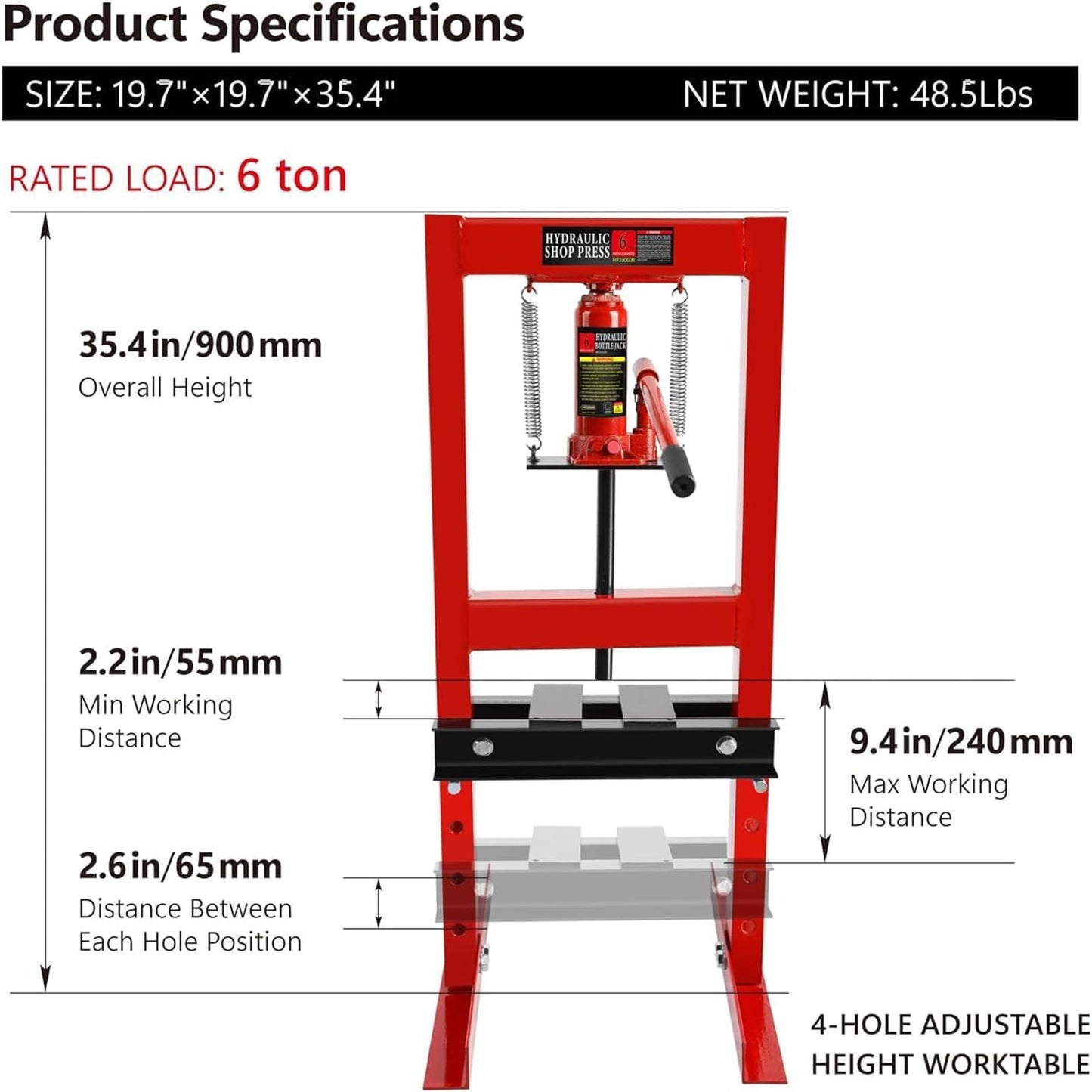 6 Ton Hydraulic Press, H-Frame Garage Shop Press with Press Plates, Floor Adjustable Hydraulic Shop Press to Bend, Straighten or Press Parts, Benchtop Press (Red) - WoodArtSupply