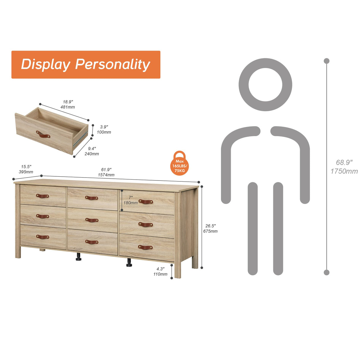 WAMPAT 9 Drawers Dresser for Bedroom,62" Wide Modern Chest of Drawers Storage Cabinetfor Living Room, Nursery, Hallway,Oak WAMPAT