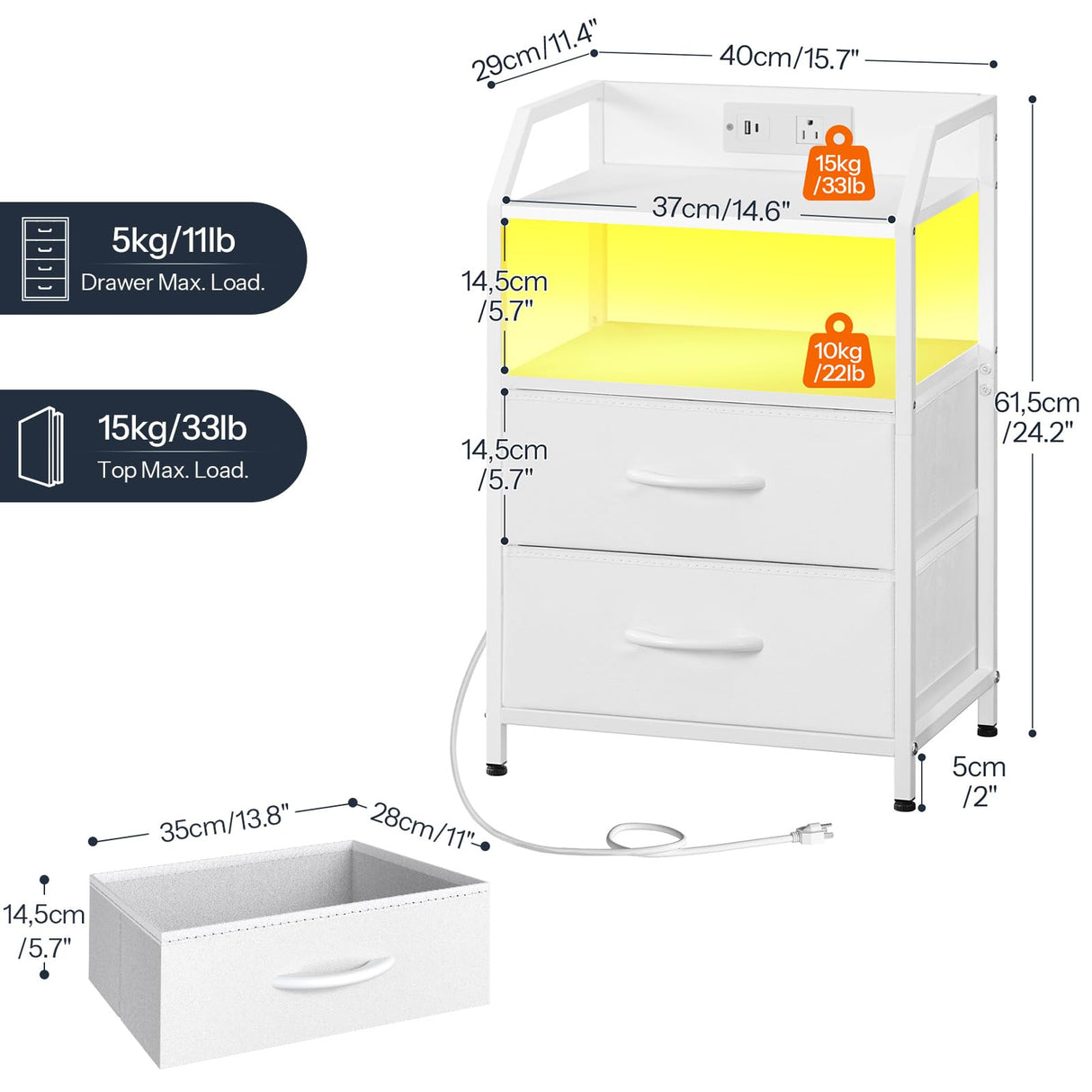 HOOBRO Nightstand with Charging Station, Bedside Table with Adjustable Fabric Drawer, Night Stand with LED Light Strip, End Table with Non-Woven Drawers, for Bedroom, White WT012UDBZ01 HOOBRO