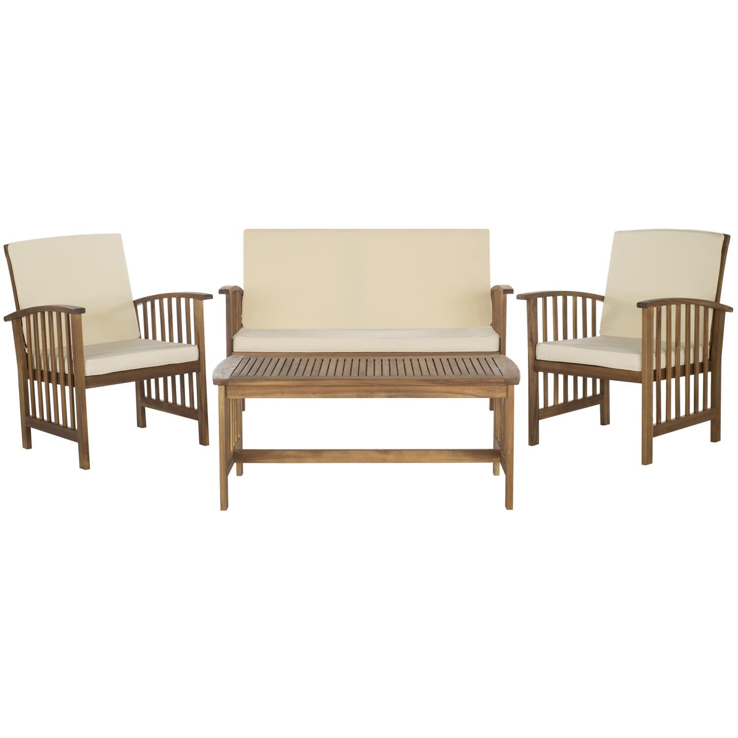 SAFAVIEH Outdoor Collection Rocklin Natural/ Beige 4-Piece Conversation Patio Set with Cushions - WoodArtSupply