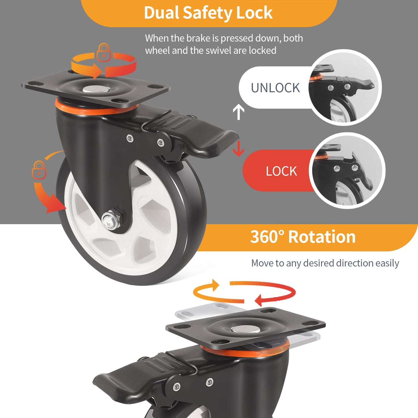 Wheels,5 Inch Caster with Brake, Casters Set of 4 Heavy Duty 2000Lbs with Safety Dual Locking, Industrial Swivel Casters, Polyurethane No Noise Wheels for Cart, Workbench(2 Hardware Kits Included)