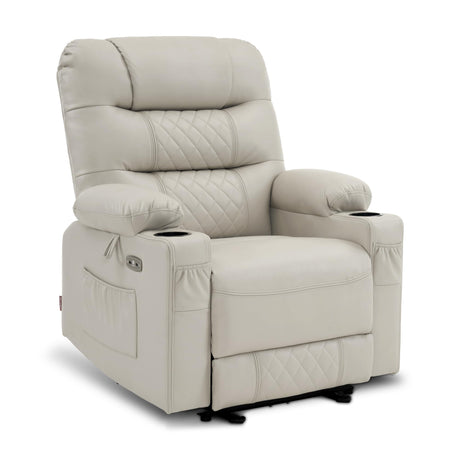 MCombo Power Recliner Chair with Heat and Vibration, Cup Holder, USB Port, Extended Footrest, Faux Leather Electric Reclining Sofa for Living Room PR621 (Light Grey) MCombo