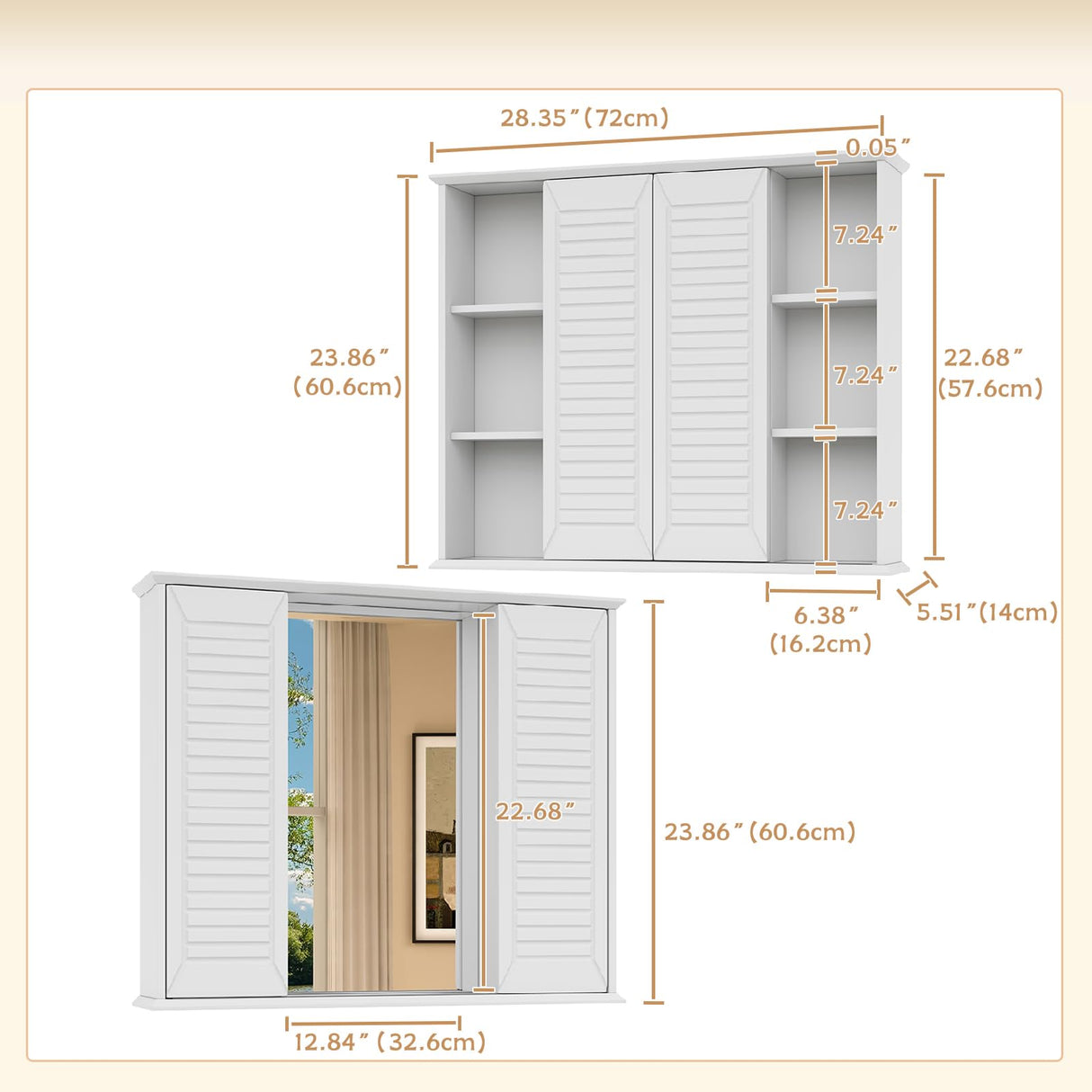 FFBCFDK Bathroom Medicine Cabinet Mirror 28.3 x 23.8 inch Bathroom Mirror with Storage Wall Mounted Medicine Mirror Cabinet Wood Organizer with 2 Door Surface Mount Farmhouse Storage Cabinet FFBCFDK