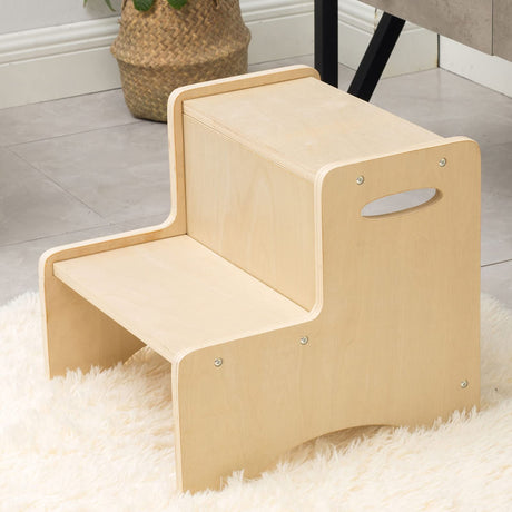 WOOD CITY Wooden Toddler Step Stool for Kids, Bathroom Potty Stool & Kitchen Stool, Natural Two Step Stool for Bedroom, Children's Stool with Handles and Safety Non-Slip Pads WOOD CITY