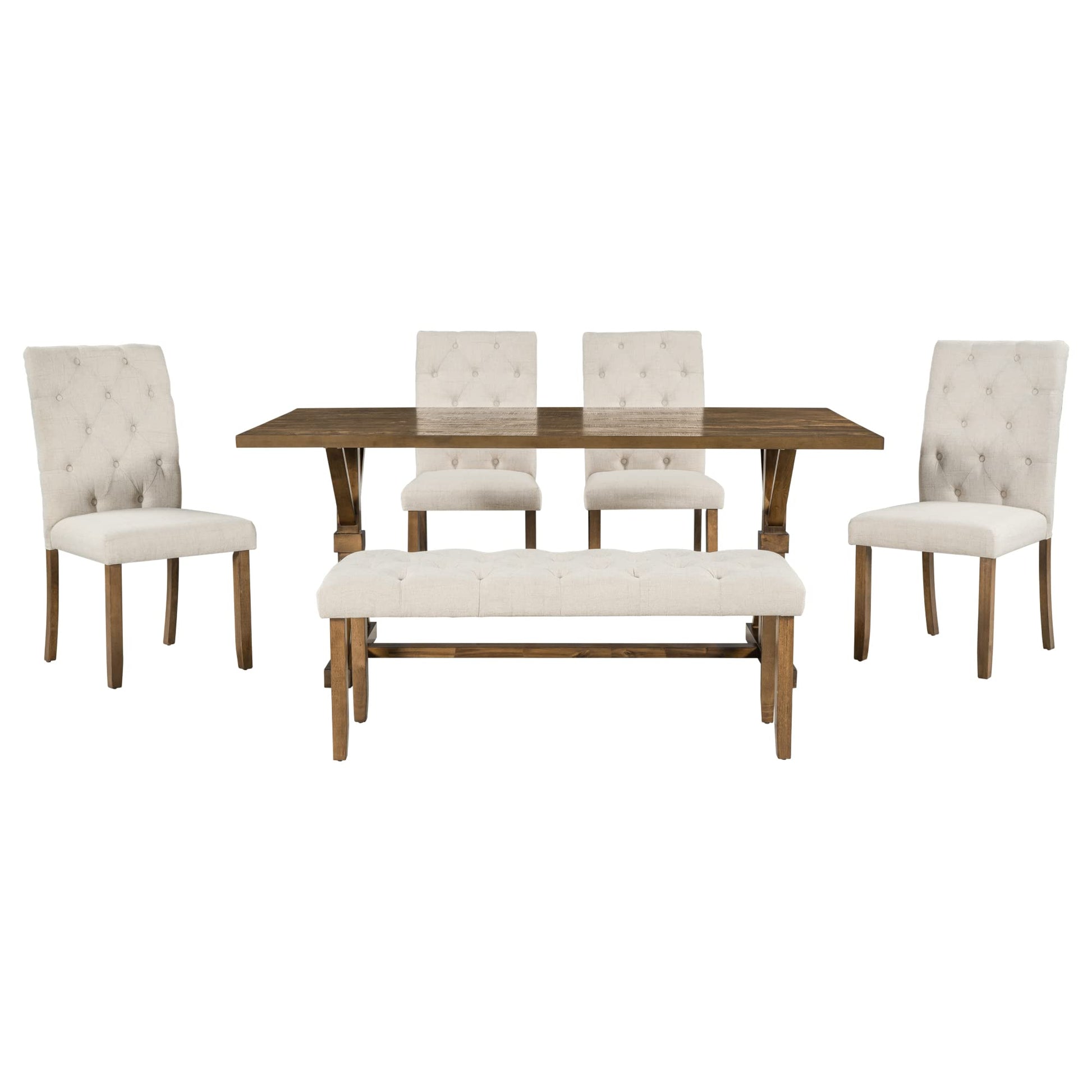 LUMISOL 6 Piece Dining Table Set with Bench and Chairs Farmhouse Style, Wood Kitchen Dining Room Furniture Table Set of 6, Recantgle Table and Upholstered Bench and Chairs - WoodArtSupply