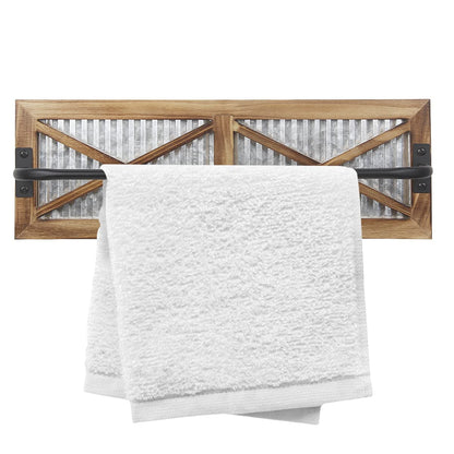 Rustic Bathroom Towel Rack, Butizone Wall Mounted Towel Bar Holder with Weathered Wood and Corrugated Galvanized Metal, Farmhouse Rack for Hanging Towel (Towels are not Included)