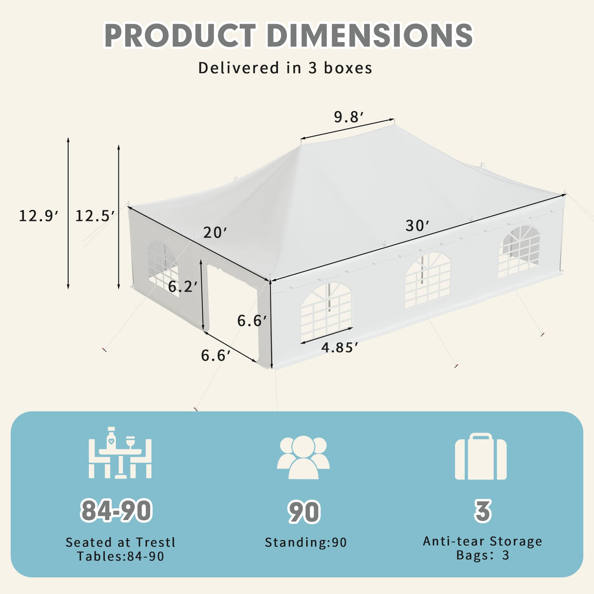 EROMMY 20x30ft Pole Party Tent with Sidewalls, 2 Doors, Carry Bags, Heavy Duty PVC Fire Retardant Outdoor Canopy for 120 People, Ideal for Parties, Events, Weddings, Large White Tent EROMMY