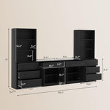 TUSY 4-Piece Large TV Stand with Bookshelves for TVs up to 75", TV Entertainment Center Media Center with Tempered Glass Doors and Shelves, TV Hutch for Living Room White (Black) TUSY