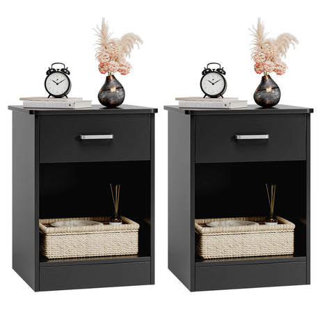 FOTOSOK Nightstand, Set of 2, 2-Tier Side Table with Drawer and Storage Shelf, Bedside Table End Table, Modern Night Stand for Bedroom, Home Office,Black FOTOSOK