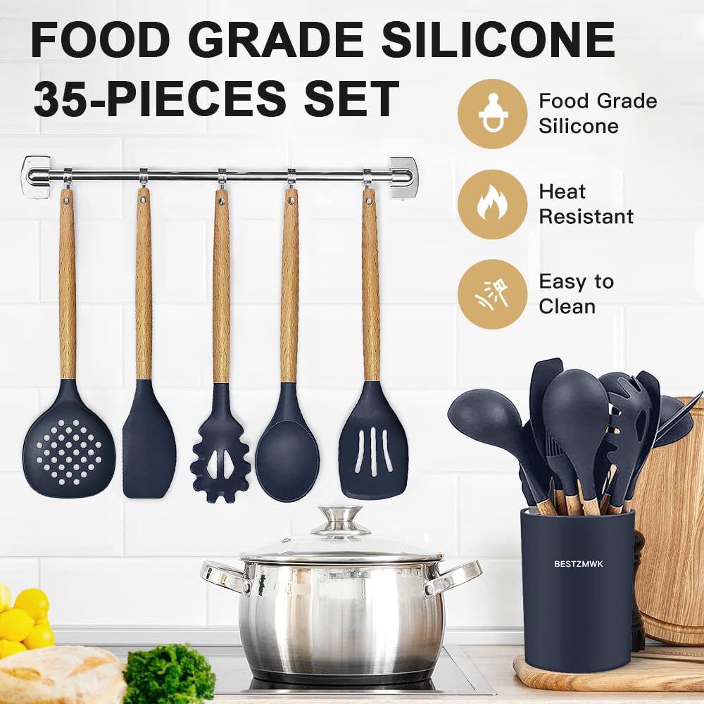 Cooking Utensils Set- 35 PCs Kitchen Utensils with Grater,Tongs, Spoon Spatula &Turner Made of Heat Resistant Food Grade Silicone and Wooden Handles Kitchen Gadgets Tools Set for Cookware