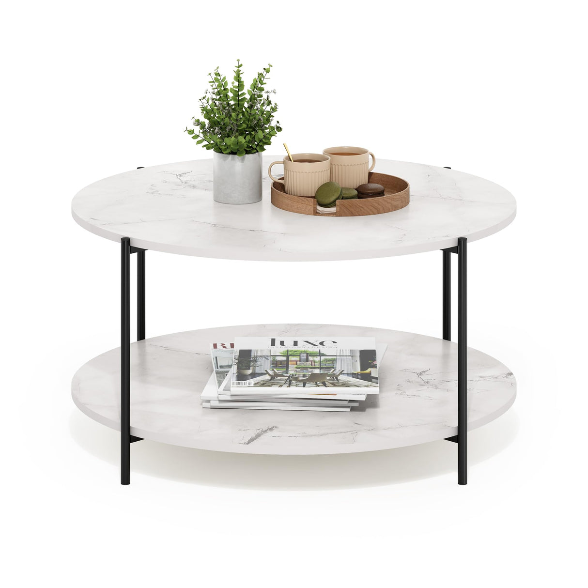 Furinno Besi 2-Tier Modern Round Coffee Table Table with Sturdy Metal Legs, Marble White/Black Furinno