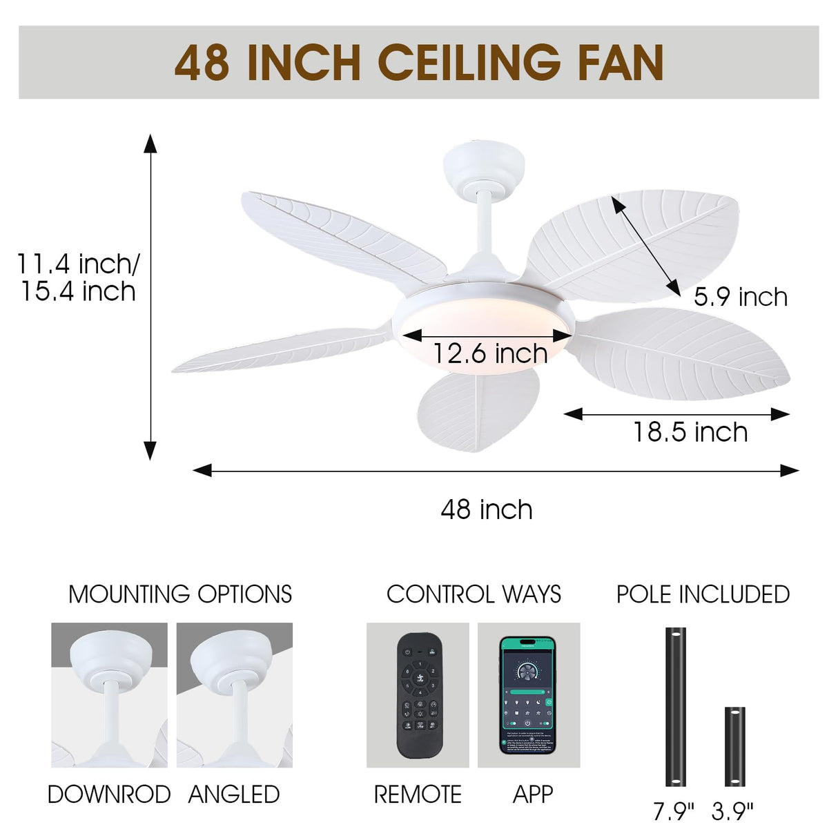 Wiviniya Ceiling Fans with Lights and Remote/APP Control, 48 Inch Tropical Ceiling Fan for Bedroom Living Room, Outdoor Palm Leaf Ceiling Fan for Patios Porch, Dimmable, 6 Speeds, Reversible, White Wiviniya