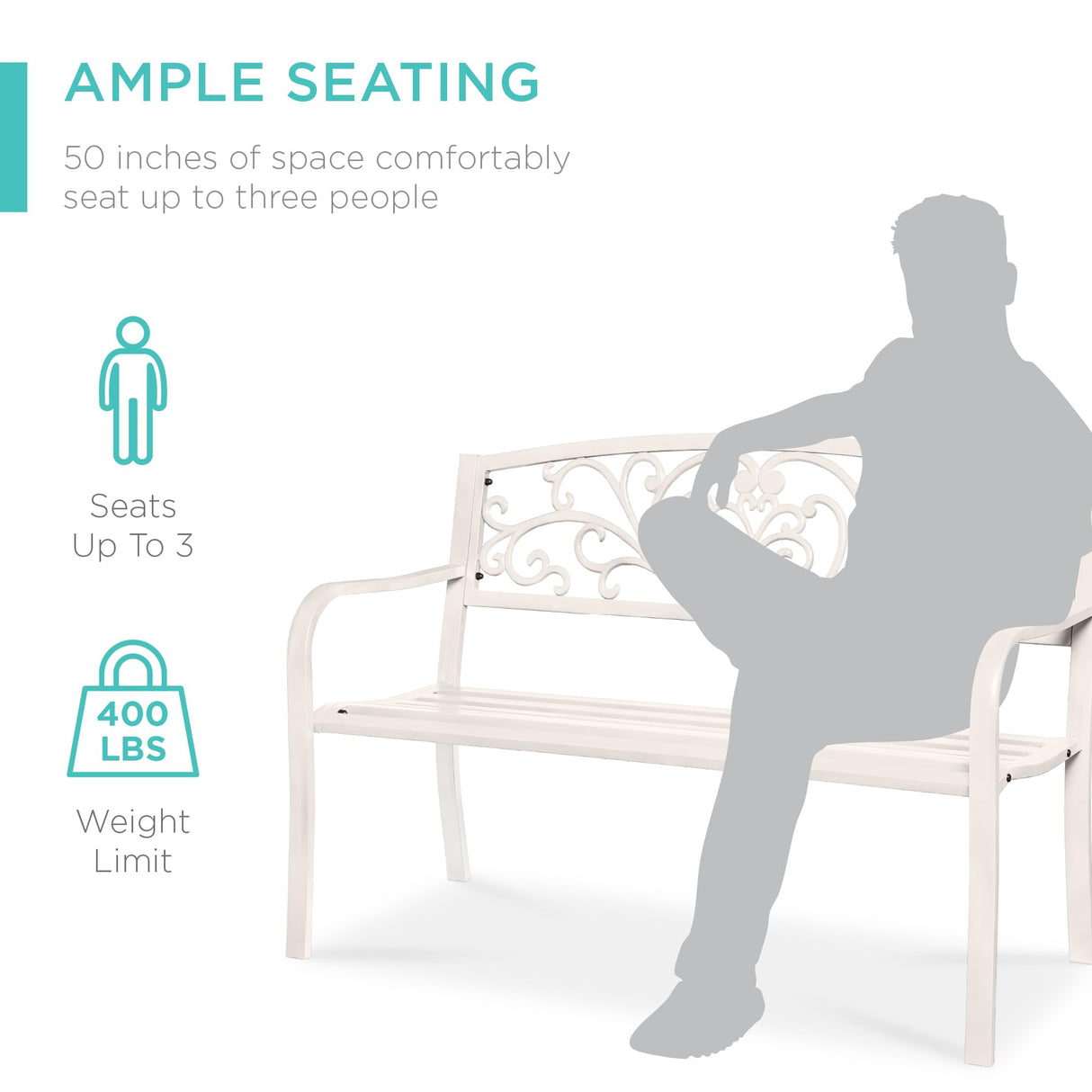 Best Choice Products Outdoor Bench Steel Garden Patio Porch Furniture for Lawn, Park, Deck w/Floral Design Backrest, Slatted Seat - White Best Choice Products