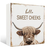 Nrleey Highland Cow Bathroom Decor - Hello Sweet Cheeks Bathroom Decor, Rustic Western Bathroom Wood Sign, Highland Cow Decor, Western Bathroom Sign, 5 X 5 Inches Nrleey