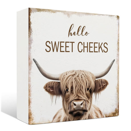 Nrleey Highland Cow Bathroom Decor - Hello Sweet Cheeks Bathroom Decor, Rustic Western Bathroom Wood Sign, Highland Cow Decor, Western Bathroom Sign, 5 X 5 Inches Nrleey