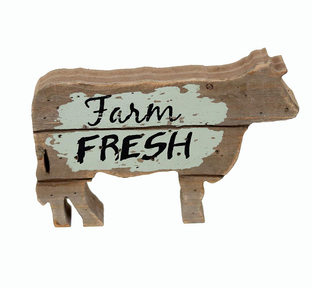 PARISLOFT Farm Fresh Wood Cow Shaped Sign Tabletop Decor, Carved Cow Statue Home Decor, Animal Sculpture Decorations PARISLOFT