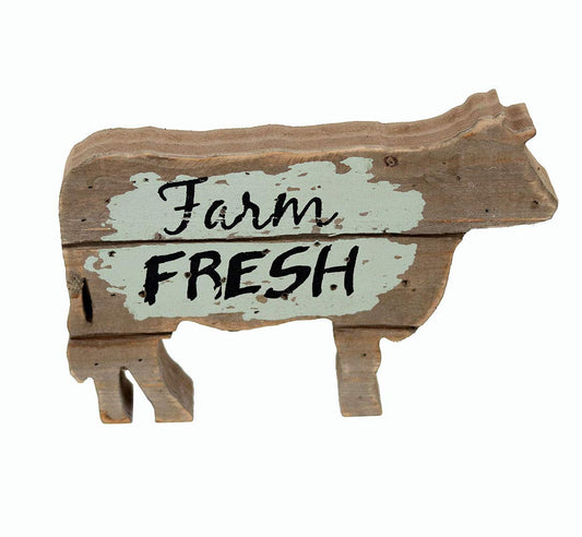 PARISLOFT Farm Fresh Wood Cow Shaped Sign Tabletop Decor, Carved Cow Statue Home Decor, Animal Sculpture Decorations