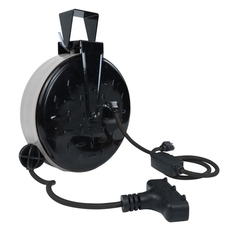 EP 30 Ft Retractable Extension Cord Reel, 16/3 SJTW Power Cord with 3 Electrical Outlets, Ceiling or Wall Mount, 10 Amp Circuit Breaker, Metal Plate, UL Listed, Gray EP