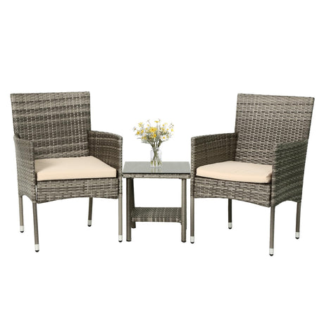 PayLessHere Set of 3 Outdoor Furniture Set Patio Furniture Set Gray Conversation Set with 2 Rattan Chairs Glass Coffee Table for Coffee Bar Poolside Patio Outdoor, Khaki Cushions PayLessHere