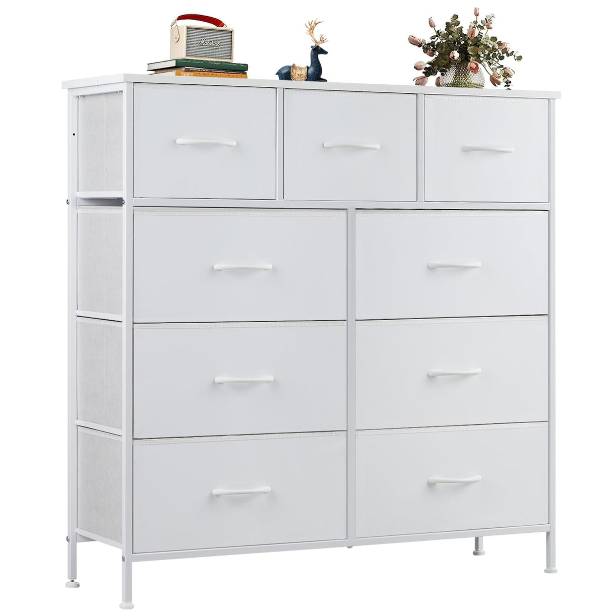 OLIXIS Dresser for Bedroom, 9 Storage Drawers, Wide Fabric Closet Chests Organizer Tower Furniture, TV Stand with Wooden Top Metal Frame for Clothes, Living Room, Hallway, Entryway, White OLIXIS