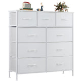 OLIXIS Dresser for Bedroom, 9 Storage Drawers, Wide Fabric Closet Chests Organizer Tower Furniture, TV Stand with Wooden Top Metal Frame for Clothes, Living Room, Hallway, Entryway, White OLIXIS