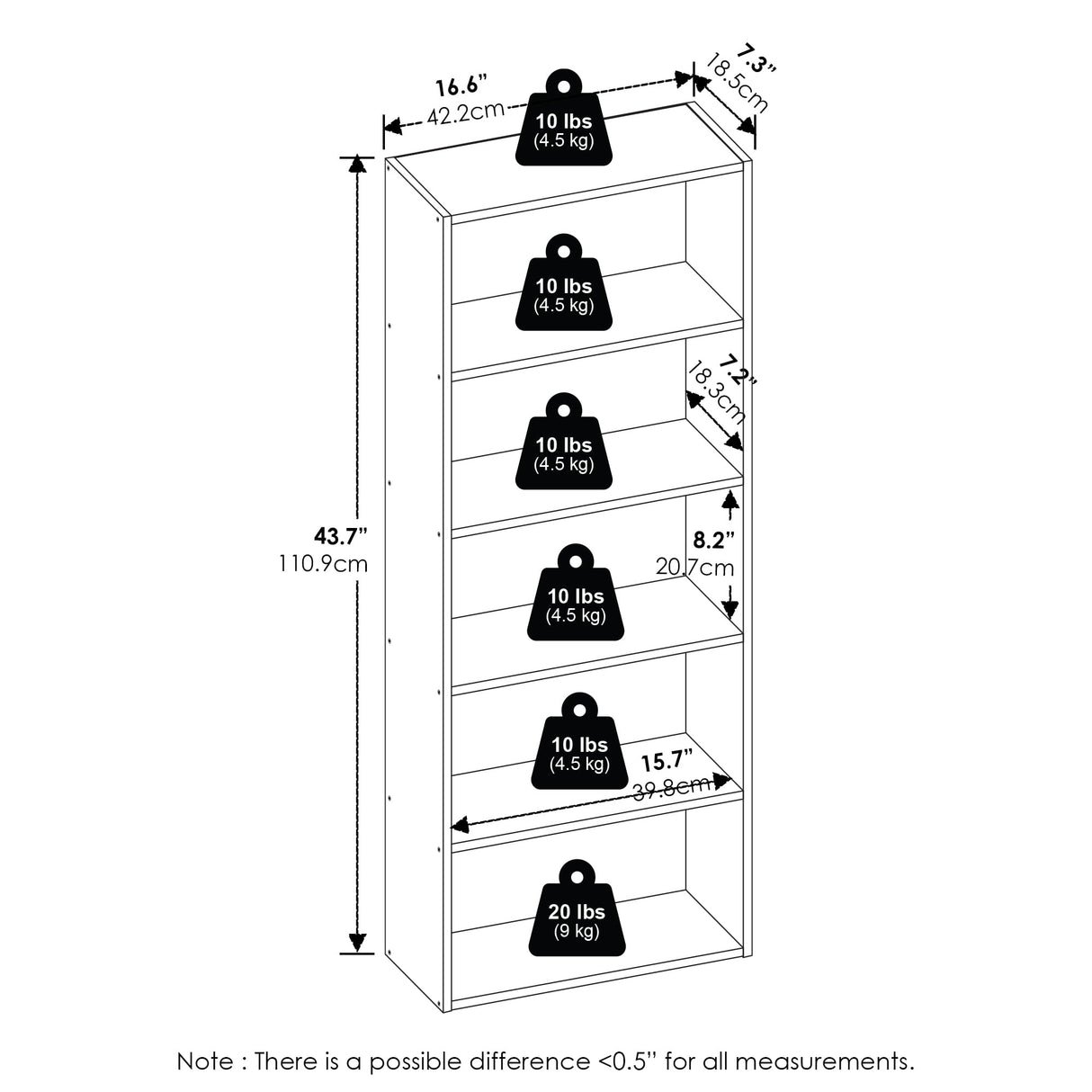 Furinno Basic Book Shelf, 5-Tier Bookshelf, Cube Storage Organizer Bookcase with Open Shelf, 7 x 17 x 44, for Living Room, Bedroom, Home Office, Espresso Furinno