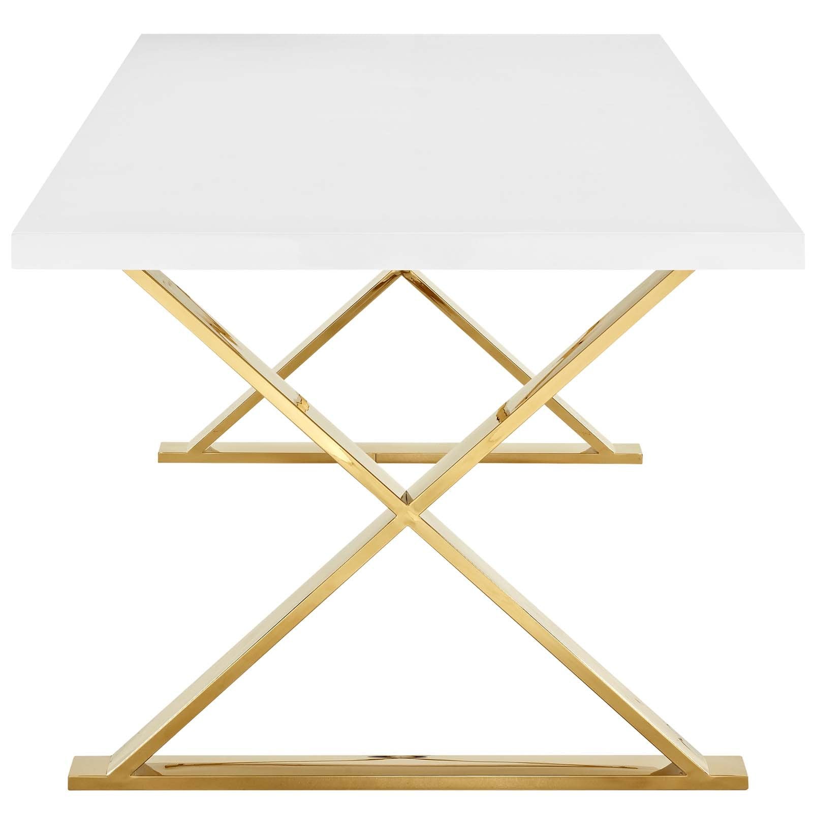 Modway Sector 87" Modern Dining Table with Gold Stainless Steel Metal X-Base in White Gold - WoodArtSupply