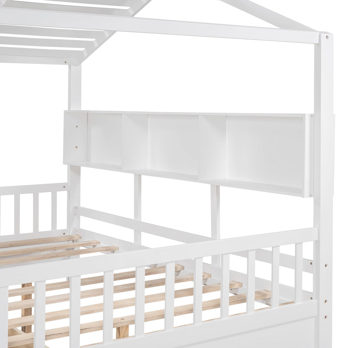 MERITLINE Montessori Full House Bed with Storage Drawers & Bookcase - Solid Wood Playhouse Bed for Kids, Teens, & Adults (White) MERITLINE
