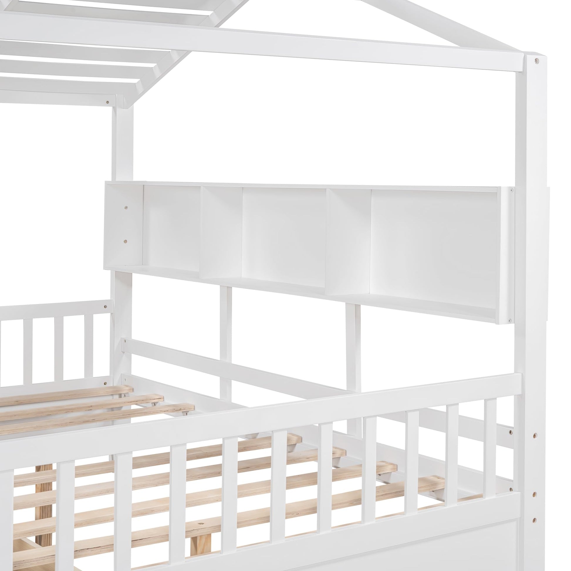 MERITLINE Montessori Full House Bed with Storage Drawers & Bookcase - Solid Wood Playhouse Bed for Kids, Teens, & Adults (White) - WoodArtSupply