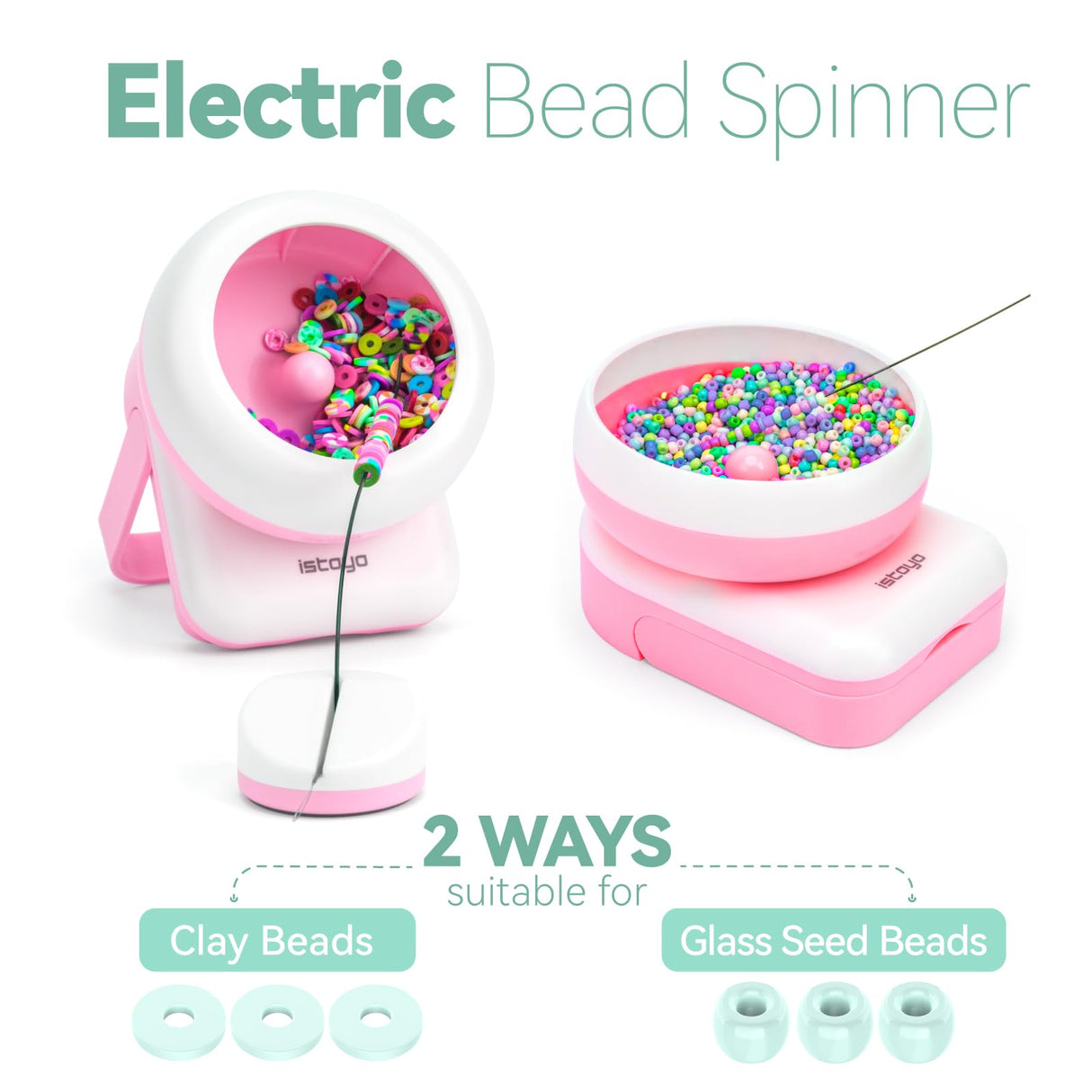 ISTOYO 2IN1 Adjustable Electric Clay and Seed Bead Spinner - Dual-Purpose Jewelry Making Tool with Big Eye Beading Needle - Ideal for Bracelets and Necklaces - Vibrant Pink ISTOYO