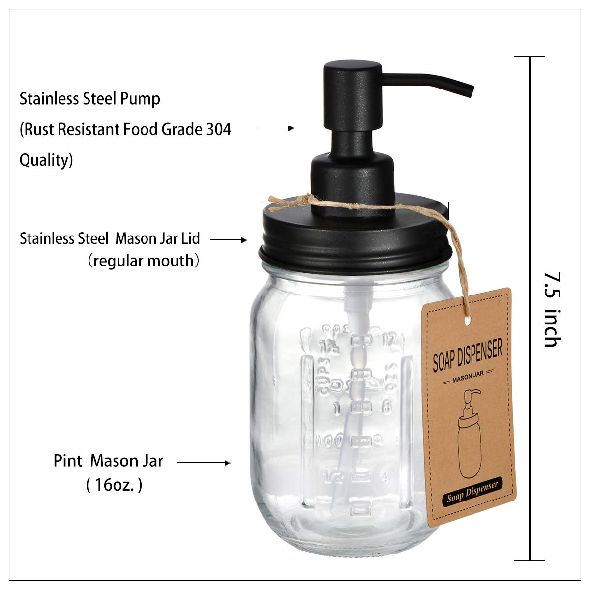 Amolliar Mason Jar Liquid Soap Dispenser -Rustproof Stainless Steel Replacement - Farmhouse Decor for Kitchen/Bathroom,Liquid Soap Pumps for Hand Soap,Dish Soap,Lotions/Black-2 Pack Amolliar