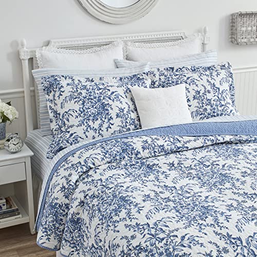 Laura Ashley - Twin Quilt Set, Soft & Reversible Cotton Floral Bedding with a Medium Weight Feel, 2 Piece Bed Set with Matching Pillowcases (Bedford Delft Blue) Laura Ashley