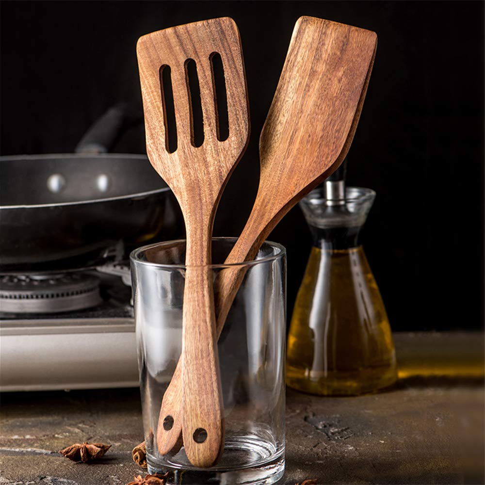 5 Pcs Best Wooden Spoons for Cooking Kitchen Utensils Set Non Stick Spoon Acacia Wood Utensil Cooking Spatula Turner Slotted Spoon Flat Wooden Spatula Set Mixing Cooking Spoons Kitchen Utensils Renawe