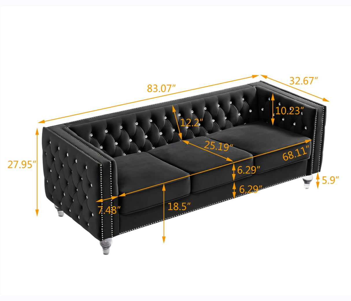 2 Piece Velvet Living Room Sofa Set with Tufted Loveseat and 3-Seater Couch, Luxurious Diamond Tufting & Acrylic Crystal Buttons & Legs, Modern Comfy Upholstery Chesterfield Sofa Set (Black) Gooamz