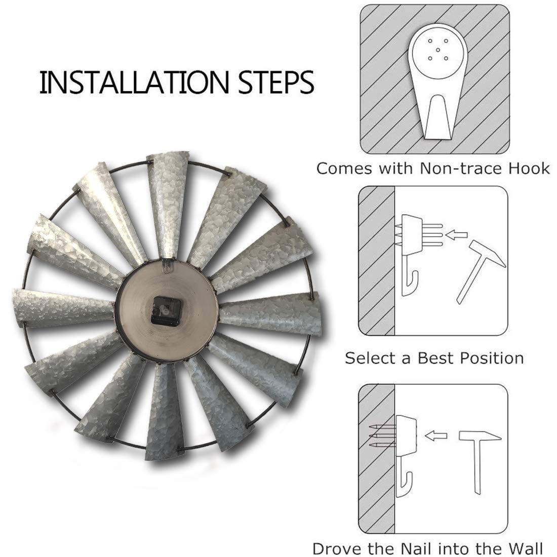 Mrocioa 24inch Windmill Distressed Metal Wall Clocks Rustic Large Decorative Clock Oversized Farmhouse Decor,Non Ticking,Battery Operated Mrocioa