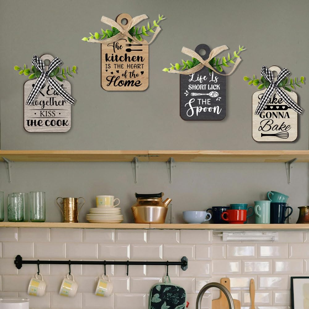 PH PandaHall 4pcs Kitchen Wooden Hanging Signs, Wall Decor Wood Sign Kitchen Wall Decor Hanging Plaques Farmhouse Eat Sign Wood Bar Sign for Home Kitchen Dining Living Room Bar Cafe Art Decor