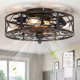 SHLUCE Caged Flush Mount Ceiling Fan with Lights, Farmhouse Rustic Bladeless Ceiling Fans with Lights and Remote, Low Profile Small Enclosed Ceiling Fan with Light for Bedroom, Kitchen, Black SHLUCE
