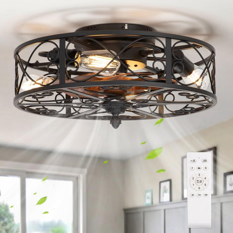 SHLUCE Caged Flush Mount Ceiling Fan with Lights, Farmhouse Rustic Bladeless Ceiling Fans with Lights and Remote, Low Profile Small Enclosed Ceiling Fan with Light for Bedroom, Kitchen, Black SHLUCE