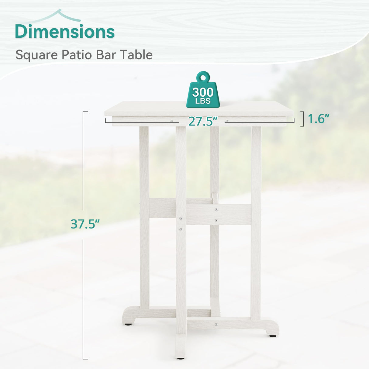 Homenjoy 37.5" H Outdoor Bar Table，HDPE Bar Height Table with Weather Resistant Top, Square Outdoor Patio Table, White Homenjoy