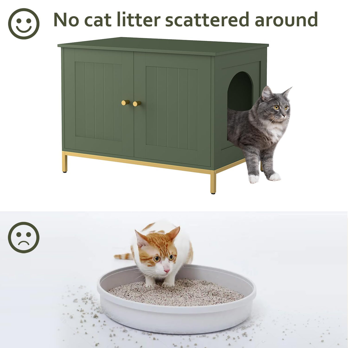 Homhedy Cat Litter Box Enclosure, Cat Washroom Furniture with Metal Frame, Pet House, Fit Most of Litter Box, Modern Style, Green and Gold Homhedy