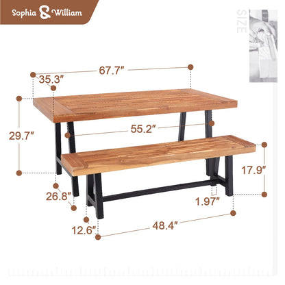 Outdoor Patio Dining set with Bench for 4, 3 Pieces Patio Outdoor Table Set Clearance for Backyard Deck Porch Outside, Acacia Wood Table and Benches Teak, Oil Finished & Spray Painted - WoodArtSupply