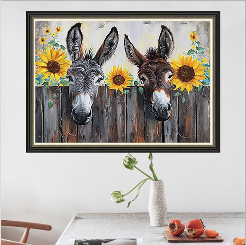 MaiYiYi Sunflower Donkey Diamond Painting by Numbers, 5D Full Round Dirill Sunflower Diamond Painting Cross Stitch Kit, Donkey Diamond Painting Set for Adult Beginners Wall Art Decor (40X30 CM) MaiYiYi