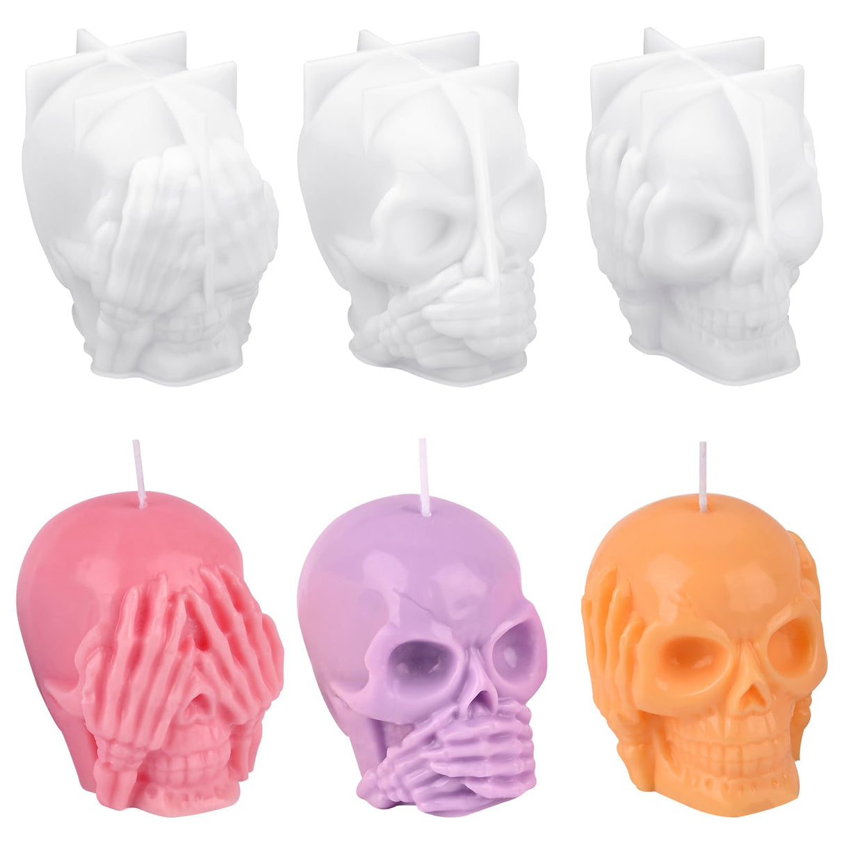 HUAKENER 3 Pack Skull Candle Molds, 3D Skull Resin Molds, Hear-no, Speak-no, See-no Skull Silicone Molds for Candle, Epoxy Resin, Soap, Halloween Cake Decor HUAKENER
