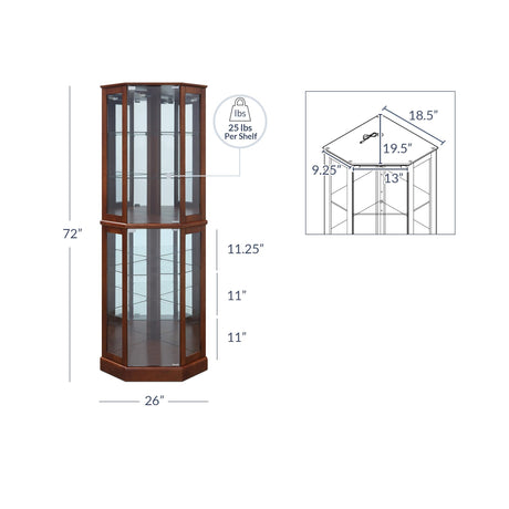 BELLEZE Lighted Corner Display Curio Cabinet Wooden Curved Shelving Unit with Tempered Glass Door, Bar and Liquor Storage Area with 6 Shelves - BELLEZE