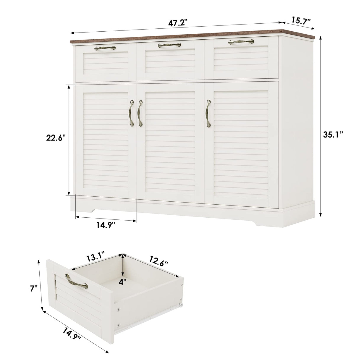 Kitchen Sideboard Buffet Cabinet with Storage, 15.7"D x 47.2"W x 35.1"H, Buffet Server Bar with 3 Shutter Doors and 3 Drawers for Wine, Coffee, Bar for Living Room, Dining Room, White Oak Keyluv