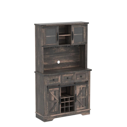 OKD 72" Farmhosue Bar Cabinet with Sliding Barn Door, Large Kitchen Buffet with Hutch w/Wine & Glasses Rack, 3 Drawers, 12 Storage Shelves, Rustic Coffee Bar Sideboard Table, Dark Rustic Oak - WoodArtSupply