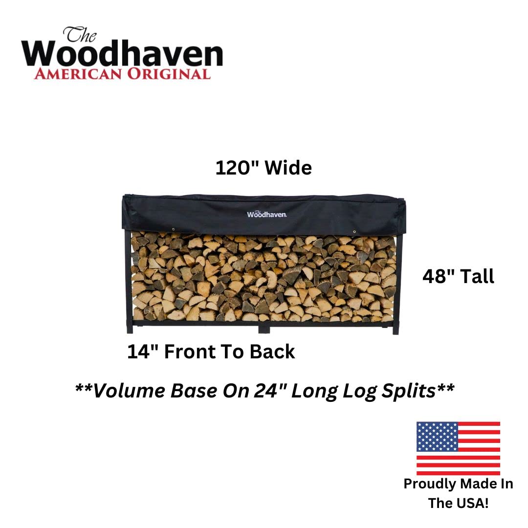 Woodhaven 10 Foot Black Firewood Log Rack With Optional Seasoning Cover - Made In The USA - Lifetime Structural Warranty - Steel Outdoor Rack with Black Texture Powder Coat Finish (Cover) Woodhaven
