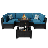Peacabo 8 Piece Outdoor Patio Furniture Set with Fire Pit Table, Wicker Sectional Sofa Set with Thick Cushions, Perfect for Garden Lawn Pool or Backyard, (Brown/Peacock Blue) Peacabo
