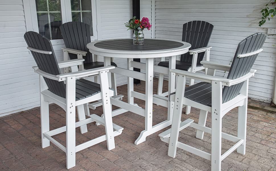 kevinplus Outdoor Patio Table Bar Height Table and Bar Chairs Set of 4, for Garden Backyard Poolside Balcony, Umbrella Hole (5 PCS, Grey and White) kevinplus
